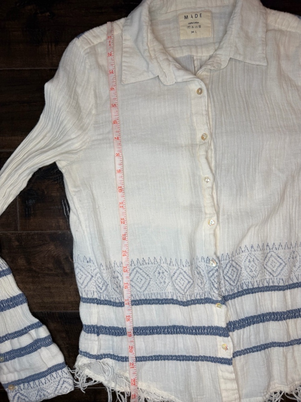 MADE 100% Cotton Embroidered Fringe Hem Shirt - Size Large - Picture 10 of 15